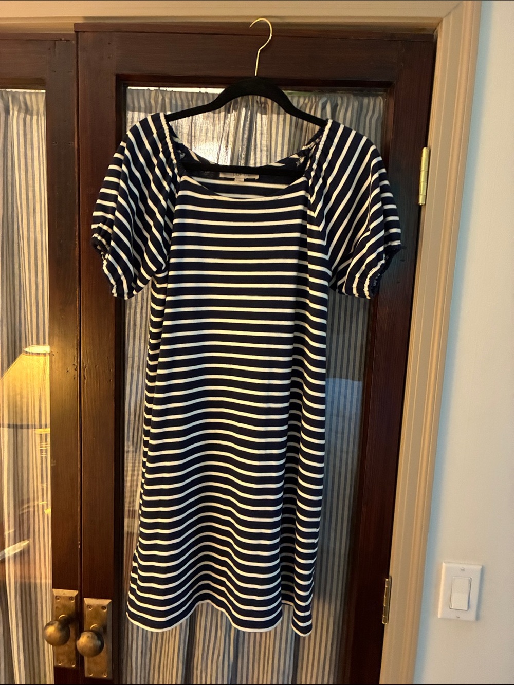LOFT Navy and White Striped Midi Dress with Puff Sleeves